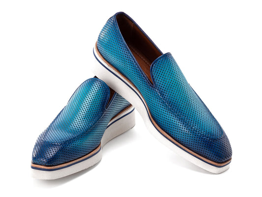 Paul Parkman Men's Smart Casual Perforated Leather Loafers in turquoise with white soles are displayed on a white background.