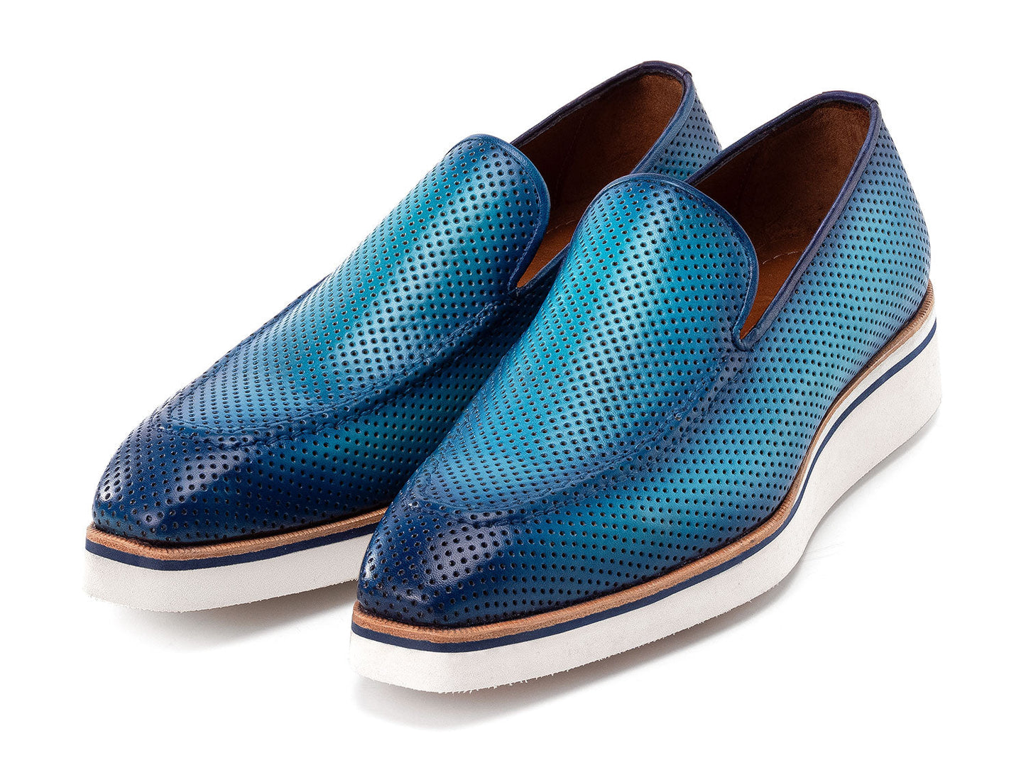 Paul Parkman Men's Smart Casual Perforated Leather Loafers in turquoise with white soles are displayed on a white background.