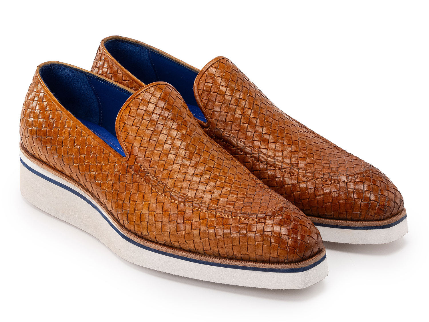 Paul Parkman Men's Smart Casual Light Brown Woven Leather Loafers (186-WN-CML) feature white and blue rubber soles, shown against a white background.