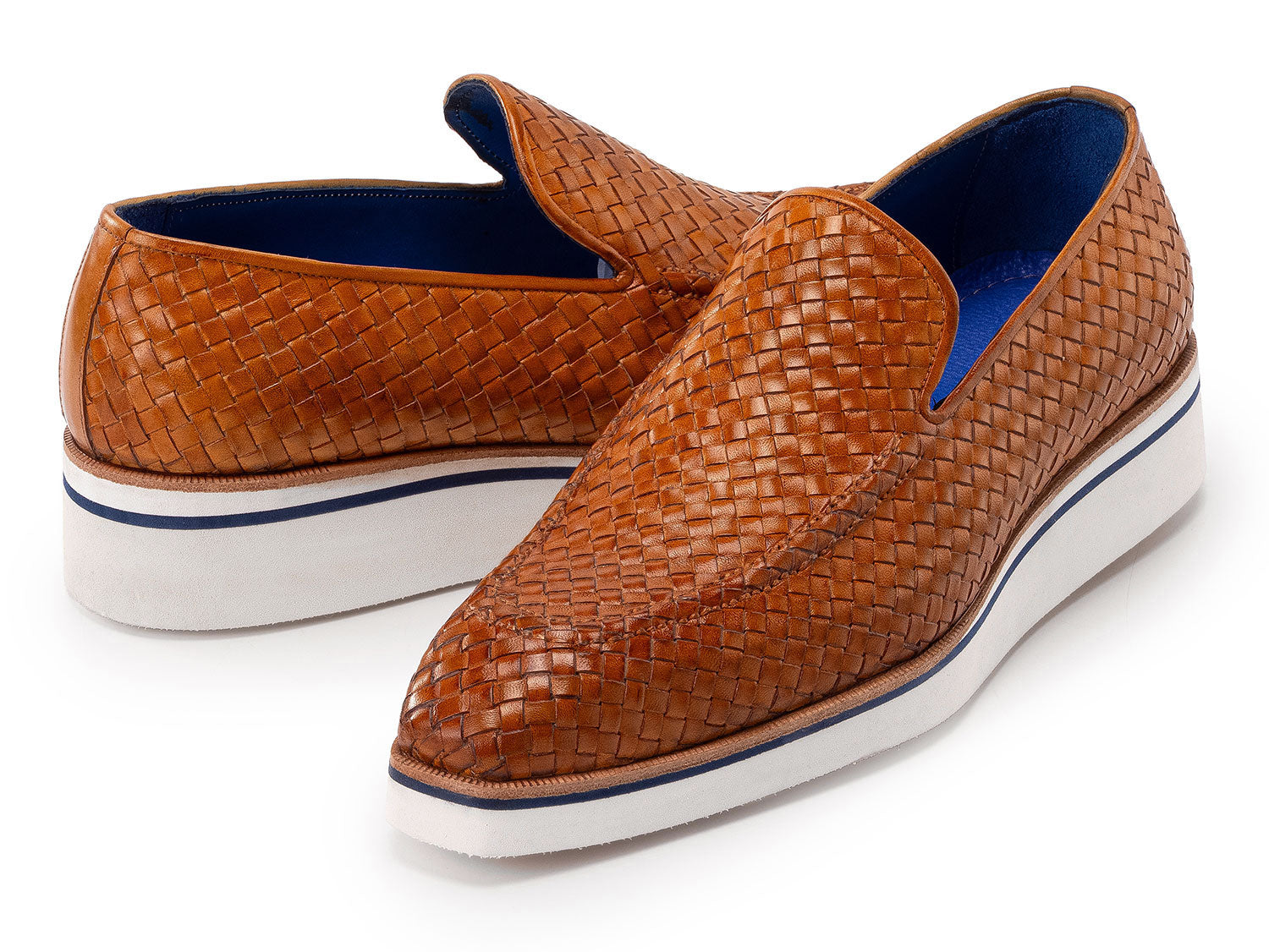 Paul Parkman Men's Smart Casual Light Brown Woven Leather Loafers (186-WN-CML) feature white and blue rubber soles, shown against a white background.
