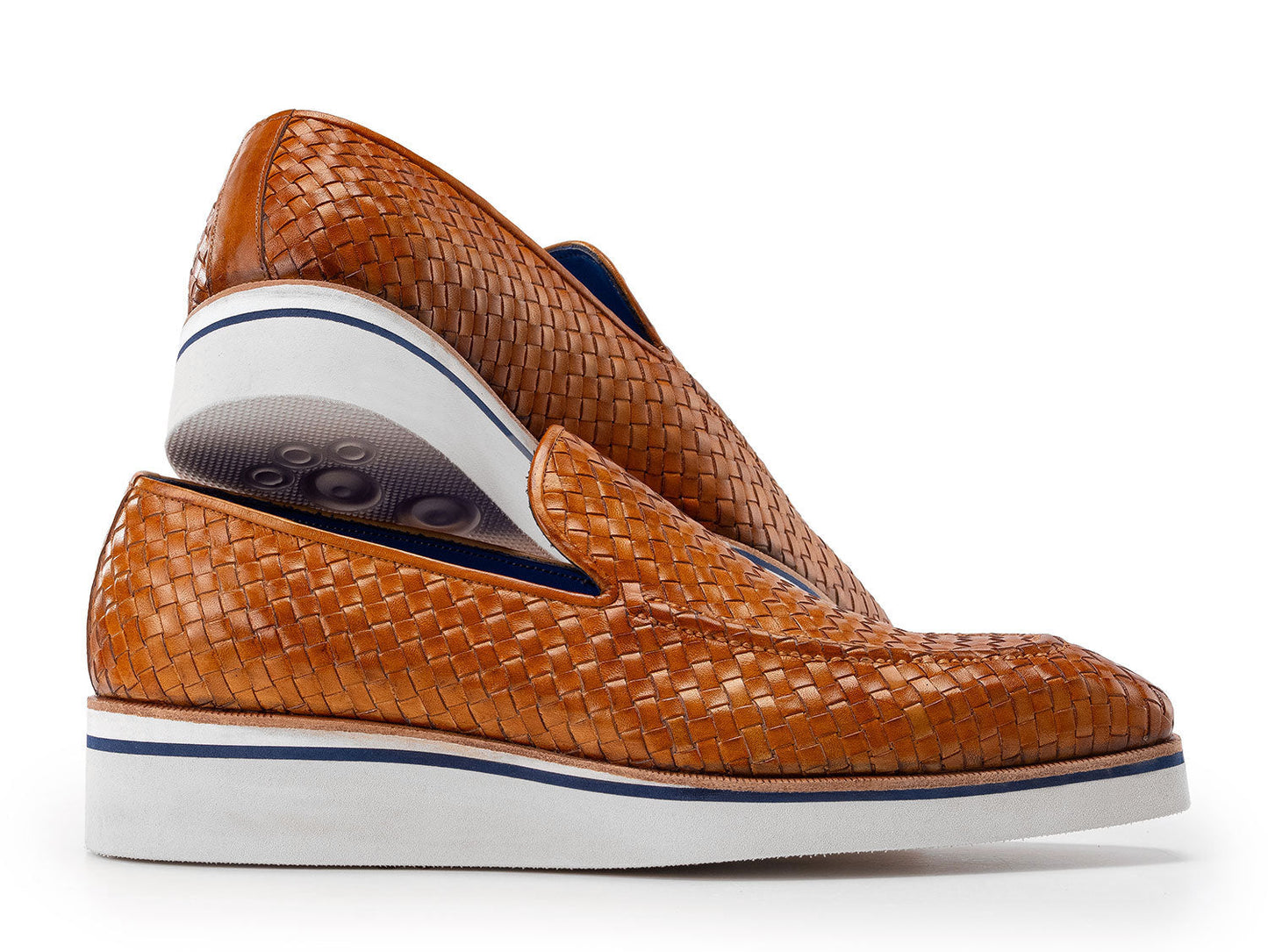 Paul Parkman Men's Smart Casual Light Brown Woven Leather Loafers (186-WN-CML) feature white and blue rubber soles, shown against a white background.