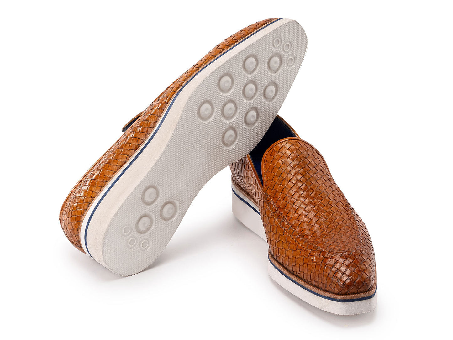 Paul Parkman Men's Smart Casual Light Brown Woven Leather Loafers (186-WN-CML) feature white and blue rubber soles, shown against a white background.