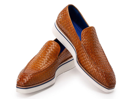 Paul Parkman Men's Smart Casual Light Brown Woven Leather Loafers (186-WN-CML) feature white and blue rubber soles, shown against a white background.