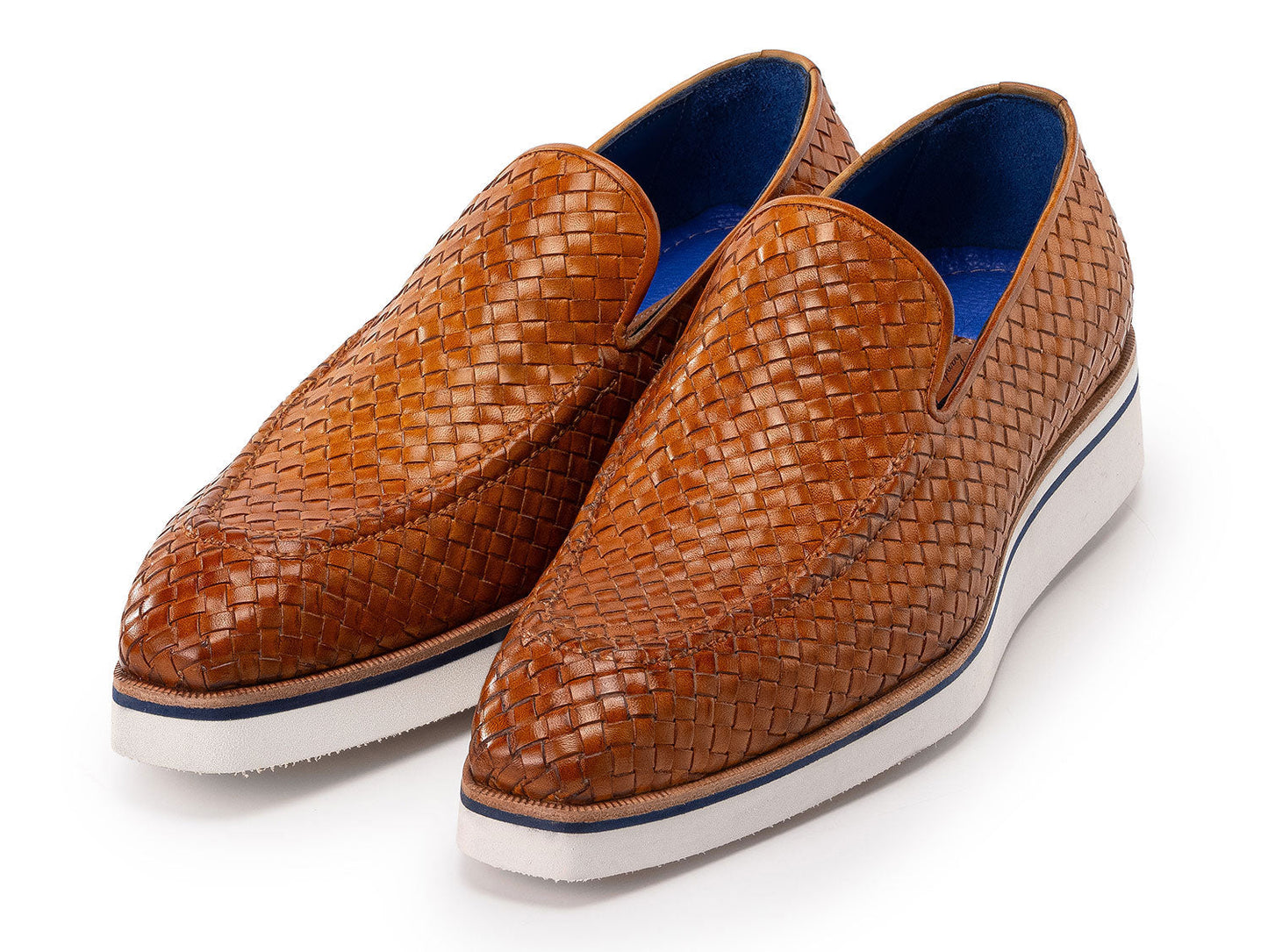 Paul Parkman Men's Smart Casual Light Brown Woven Leather Loafers (186-WN-CML) feature white and blue rubber soles, shown against a white background.