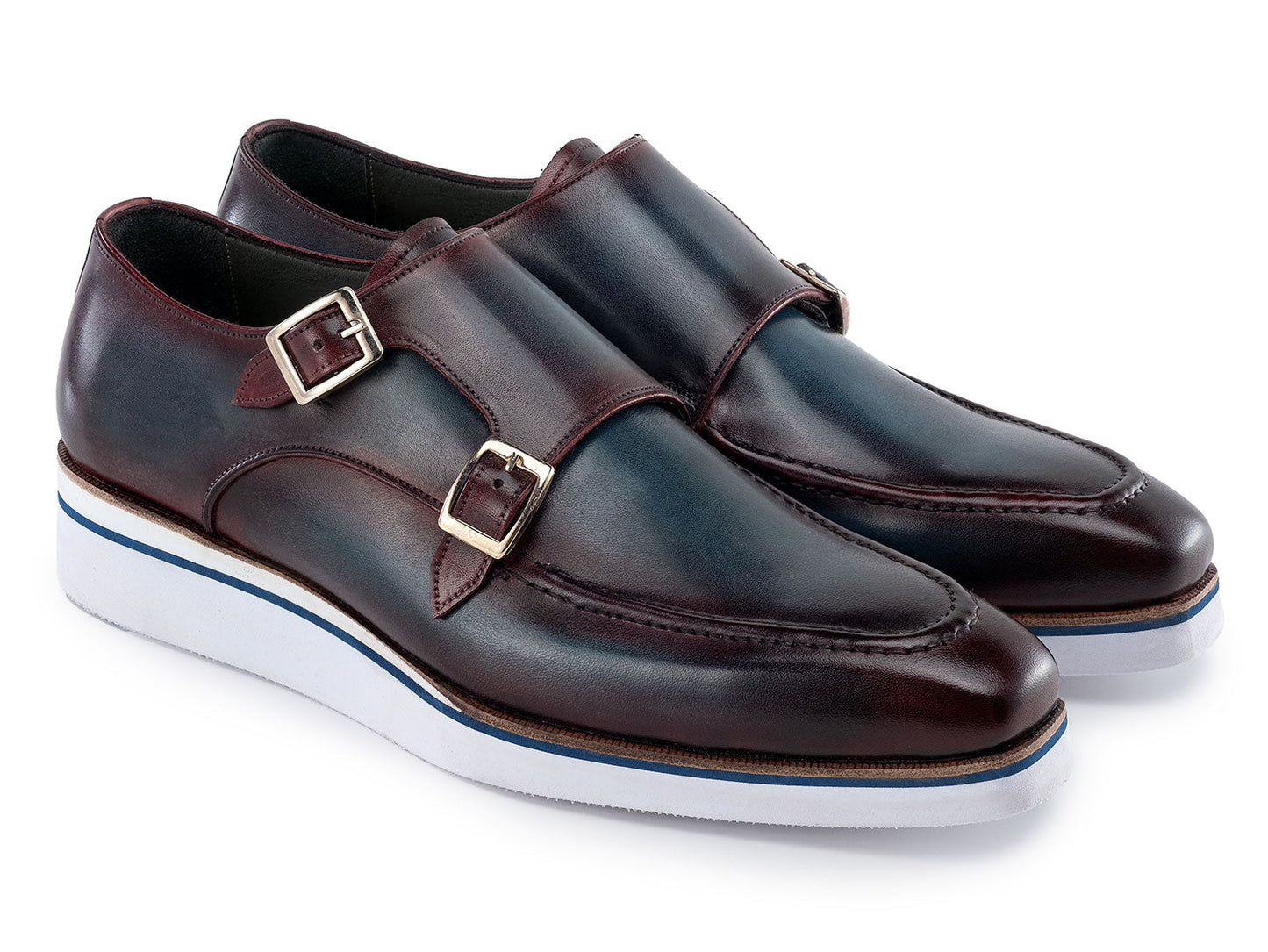Paul Parkman Men's Smart Casual Monkstraps Blue & Bordeaux Patina - 189-BLU-BRD feature hand-painted leather, double monk-strap design, blue accents, white soles, and a side buckle. Displayed against a white background.