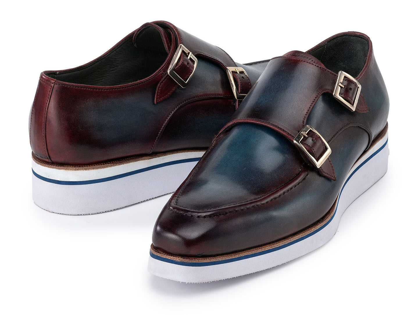 Paul Parkman Men's Smart Casual Monkstraps Blue & Bordeaux Patina - 189-BLU-BRD feature hand-painted leather, double monk-strap design, blue accents, white soles, and a side buckle. Displayed against a white background.