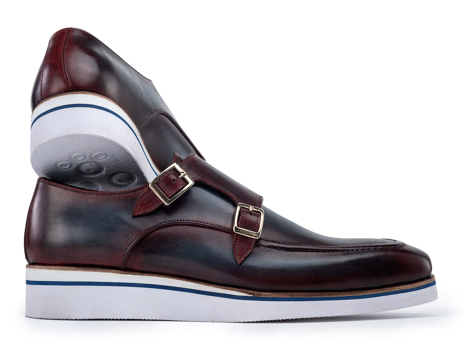 Paul Parkman Men's Smart Casual Monkstraps Blue & Bordeaux Patina - 189-BLU-BRD feature hand-painted leather, double monk-strap design, blue accents, white soles, and a side buckle. Displayed against a white background.