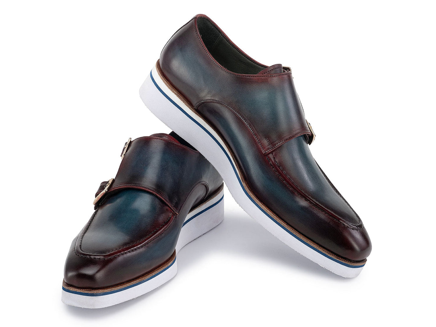Paul Parkman Men's Smart Casual Monkstraps Blue & Bordeaux Patina - 189-BLU-BRD feature hand-painted leather, double monk-strap design, blue accents, white soles, and a side buckle. Displayed against a white background.