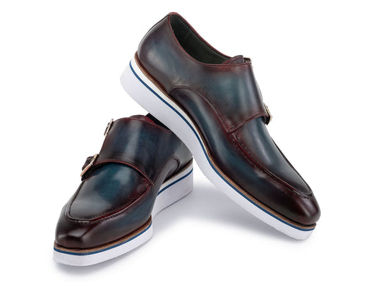 Paul Parkman Men's Smart Casual Monkstraps Blue & Bordeaux Patina - 189-BLU-BRD feature hand-painted leather, double monk-strap design, blue accents, white soles, and a side buckle. Displayed against a white background.