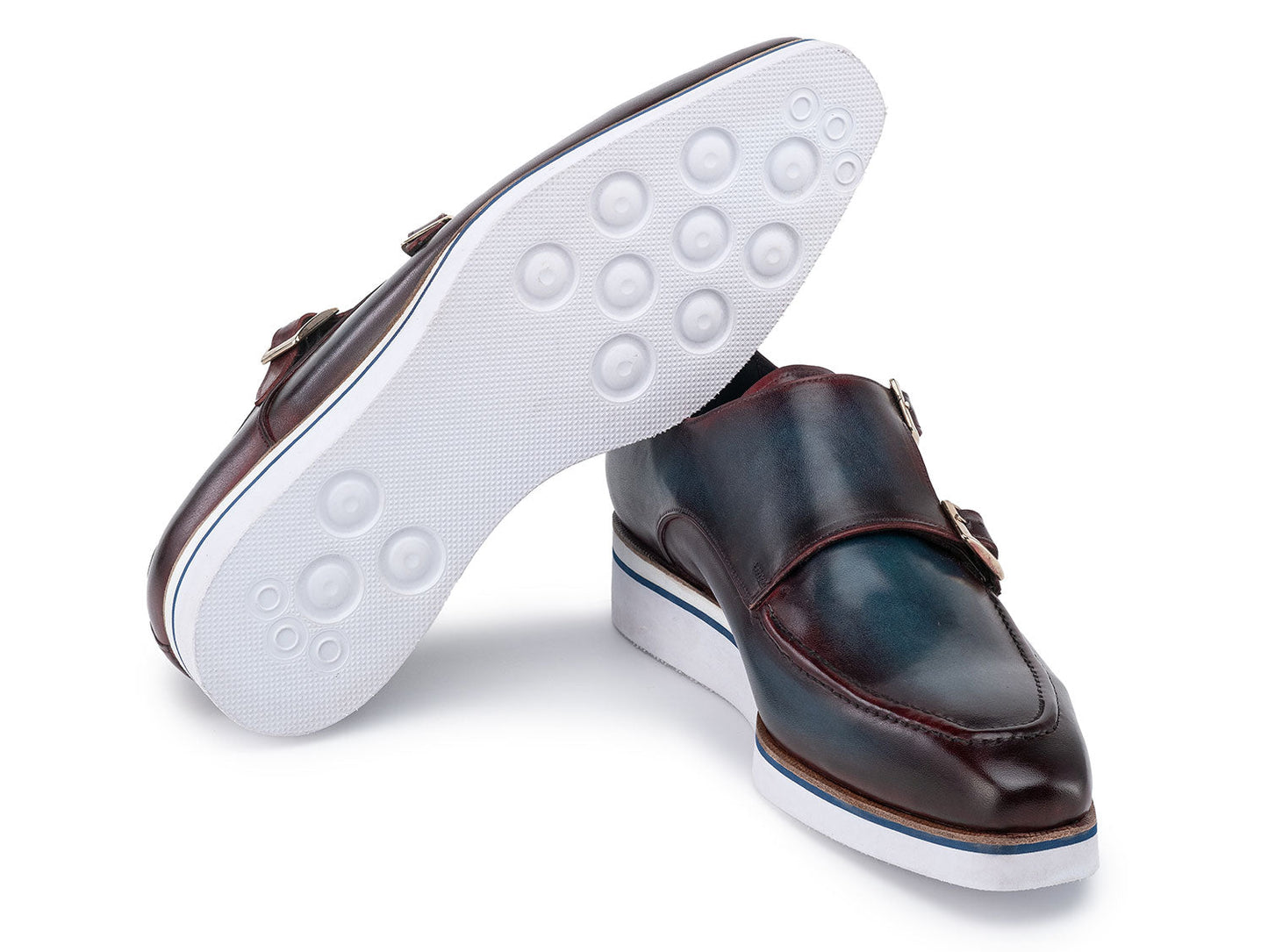 Paul Parkman Men's Smart Casual Monkstraps Blue & Bordeaux Patina - 189-BLU-BRD feature hand-painted leather, double monk-strap design, blue accents, white soles, and a side buckle. Displayed against a white background.