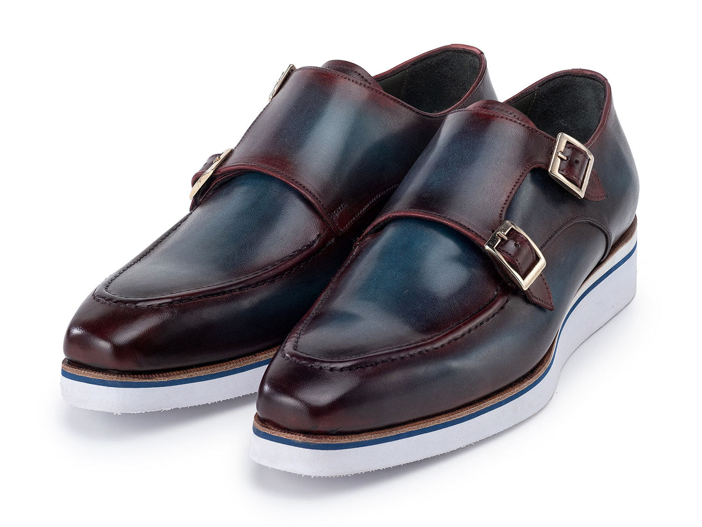 Paul Parkman Men's Smart Casual Monkstraps Blue & Bordeaux Patina - 189-BLU-BRD feature hand-painted leather, double monk-strap design, blue accents, white soles, and a side buckle. Displayed against a white background.