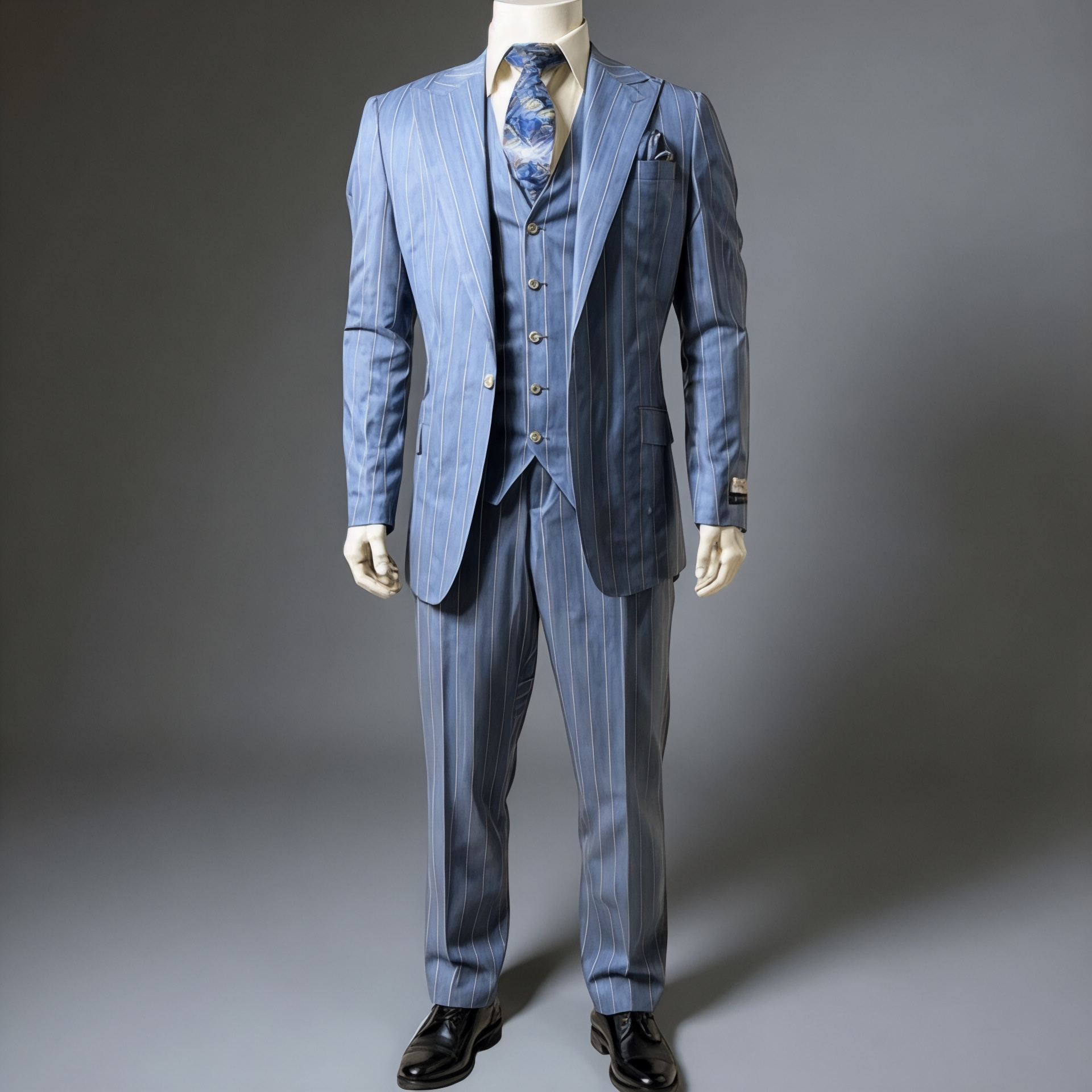 A mannequin showcases the Tiglio Rosso Portofino Blue Pinstripe Semi Wide Leg TL8099 suit, paired with a patterned tie, white shirt, and black dress shoes, set against a plain gray background.