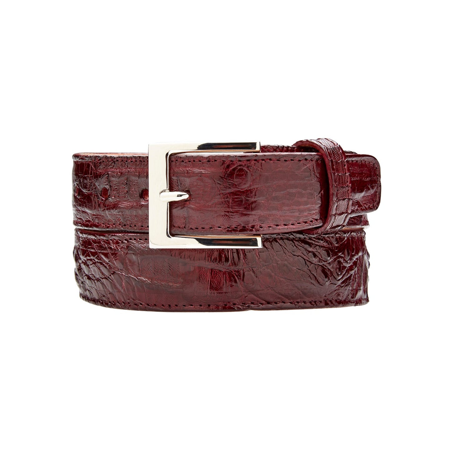 The BELVEDERE Caiman Belt Burgundy 1999 features a crocodile-pattern design, adjustable fit, and a silver rectangular buckle, shown both rolled and flat.