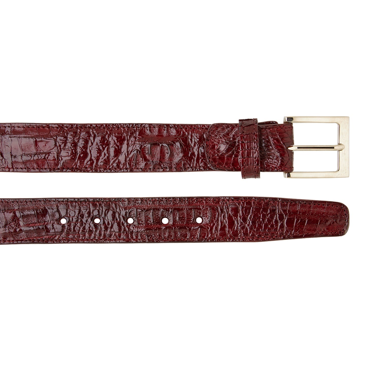 The BELVEDERE Caiman Belt Burgundy 1999 features a crocodile-pattern design, adjustable fit, and a silver rectangular buckle, shown both rolled and flat.