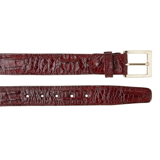 The BELVEDERE Caiman Belt Burgundy 1999 features a crocodile-pattern design, adjustable fit, and a silver rectangular buckle, shown both rolled and flat.