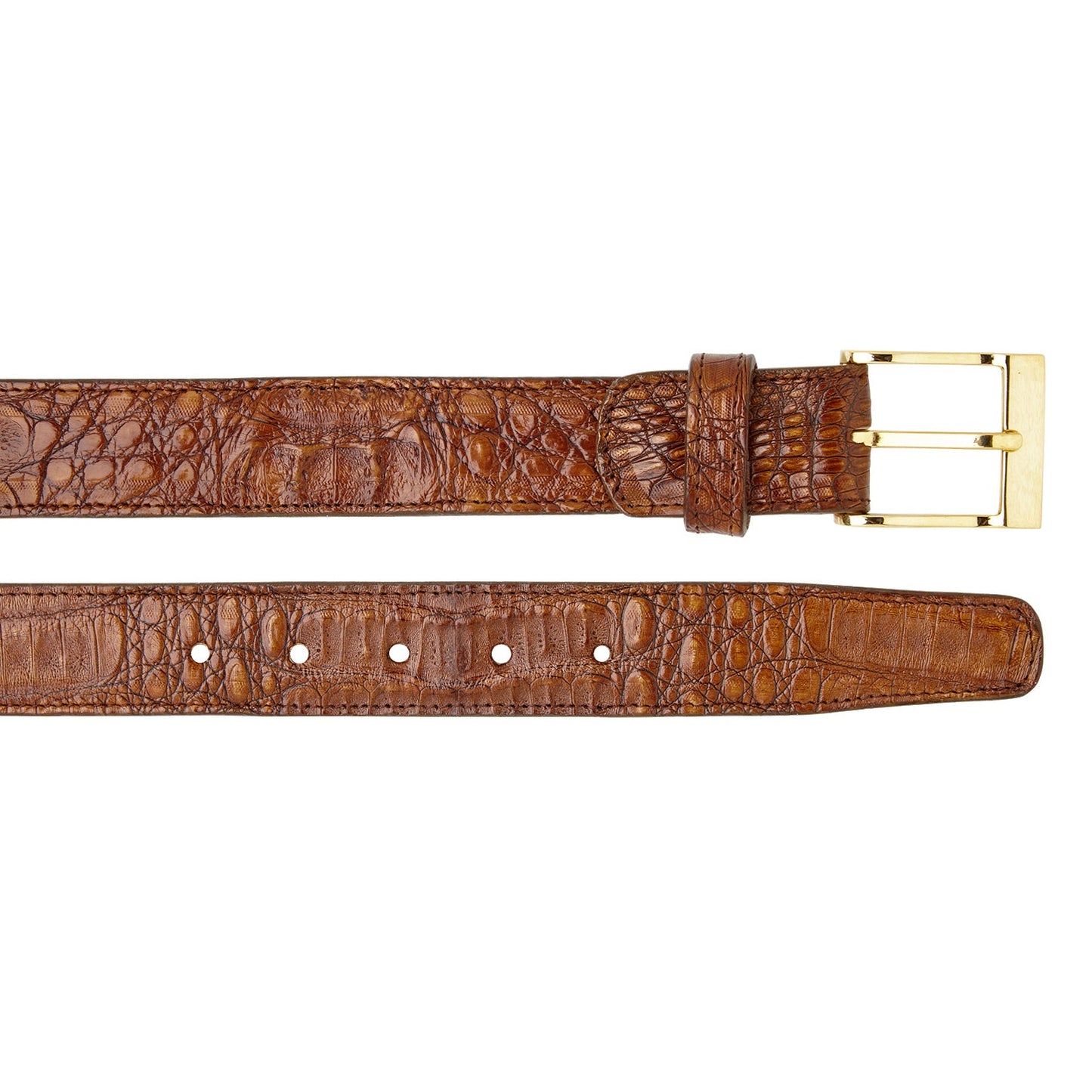 The BELVEDERE Belvedere Caiman Belt Walnut 1999 features brown caiman crocodile leather, an adjustable fit, and a gold rectangular buckle, shown from the buckle end and tip with adjustment holes.