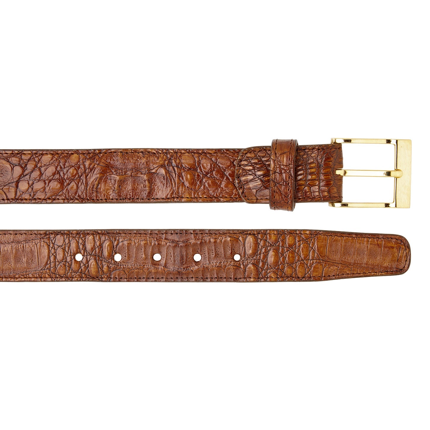 The BELVEDERE Belvedere Caiman Belt Walnut 1999 features brown caiman crocodile leather, an adjustable fit, and a gold rectangular buckle, shown from the buckle end and tip with adjustment holes.
