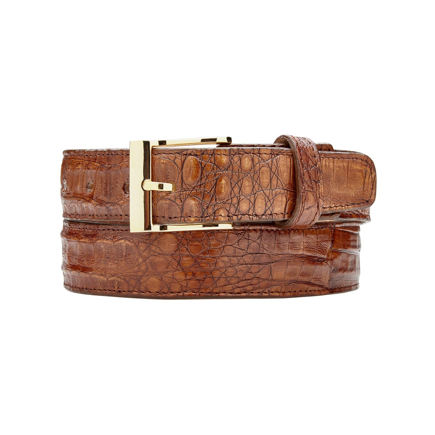 The BELVEDERE Belvedere Caiman Belt Walnut 1999 features brown caiman crocodile leather, an adjustable fit, and a gold rectangular buckle, shown from the buckle end and tip with adjustment holes.