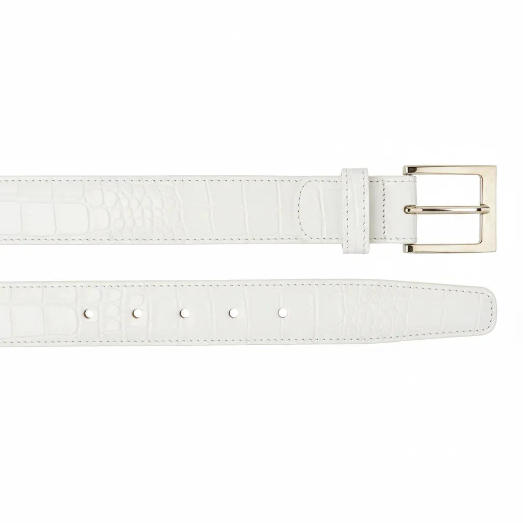 The BELVEDERE Belvedere Caiman Belt White 1999 features white faux caiman leather, an adjustable fit with five holes, visible stitching, and a silver rectangular buckle.
