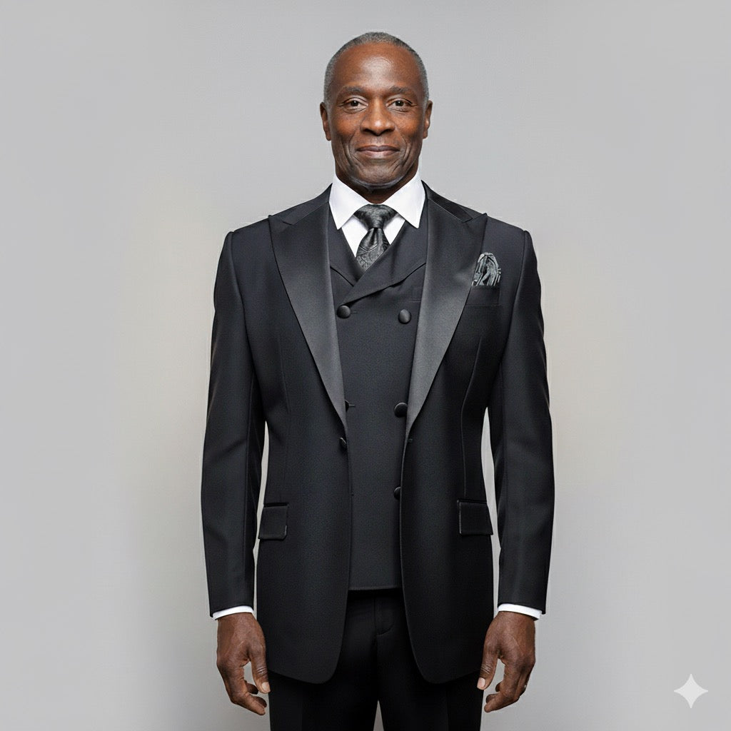 The Tiglio Rosso San Giovesse Black Tuxedo TIG1001, a three-piece suit featuring a satin lapel and paired with a patterned pocket square and paisley tie, is displayed on a mannequin in front of floor lamps and a curtain backdrop.