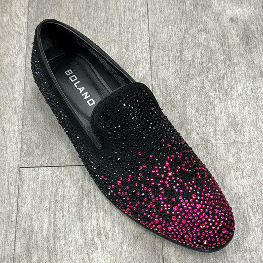 The Exclusive Formal Dress Shoe Pink / Black ONYX from UNIQUE DESIGN MENSWEAR, crafted from genuine leather and embellished with pink and black rhinestones, rests elegantly on a light gray wooden floor.