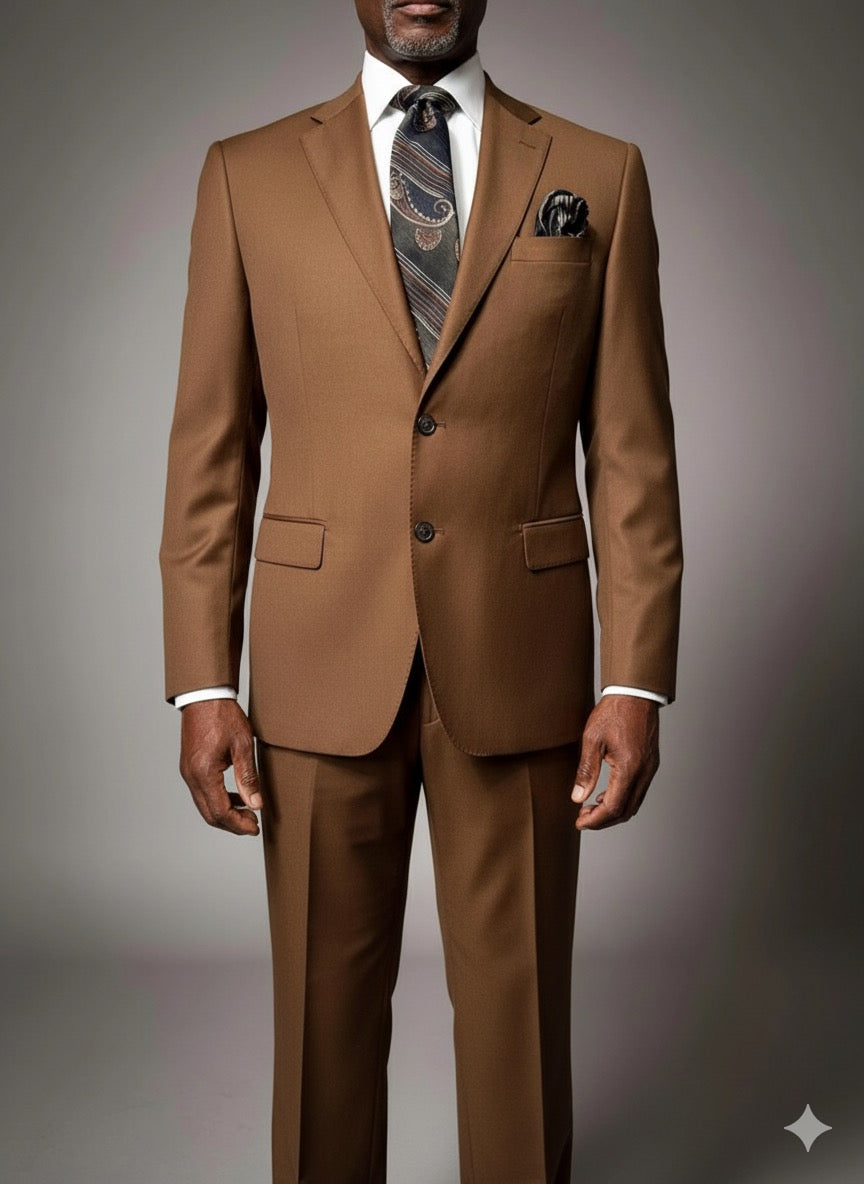 A male mannequin wears the Cavellini Uomo Dolcetto MODERN FIT Suit 6667/43 by CAVELLI, paired with a black and gold tie, white shirt, and black pocket square, displaying lightweight comfort and modern style against a plain gray background.