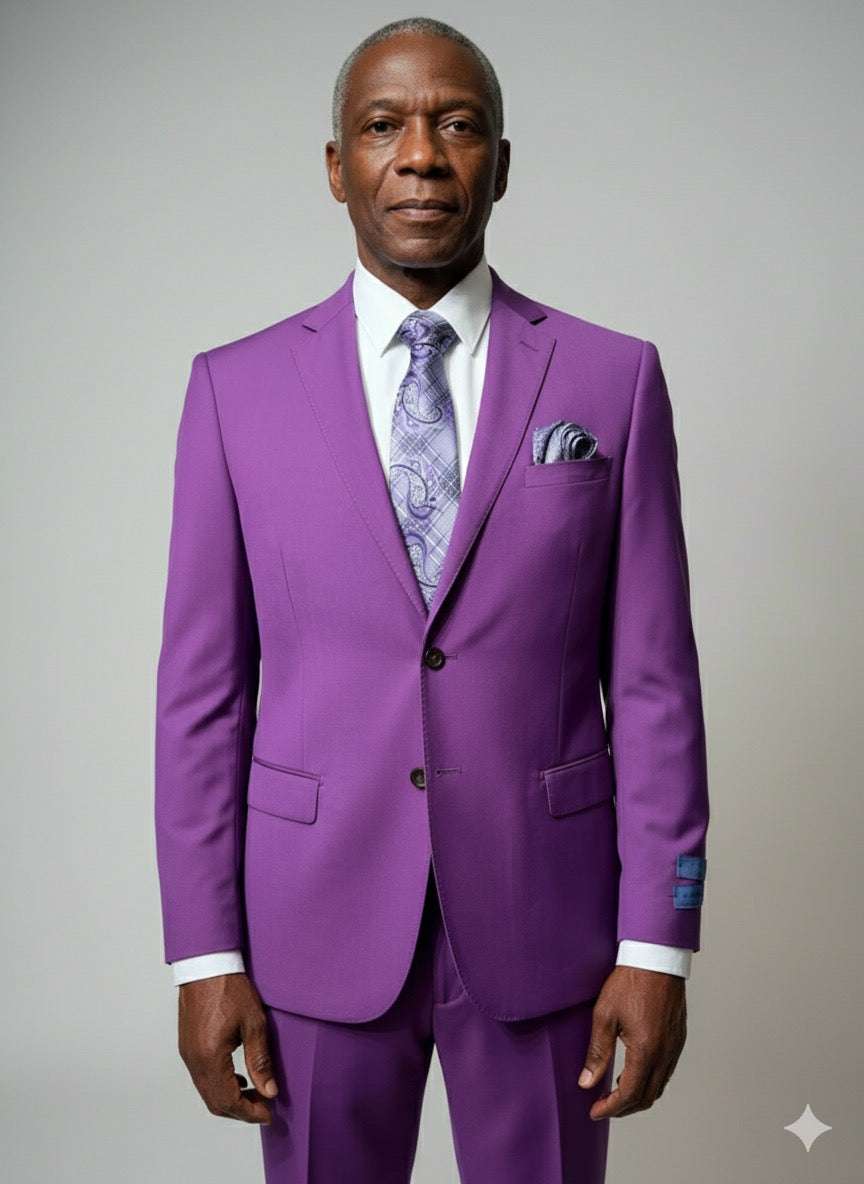 A mannequin showcases the Cavelli Uomo Porto SLIM FIT Suit 3477/36 in purple by CAVELLI, featuring matching trousers, a white shirt, a patterned purple tie, and pocket square for lightweight comfort and modern style. (FINAL SALE—NO RETURNS).