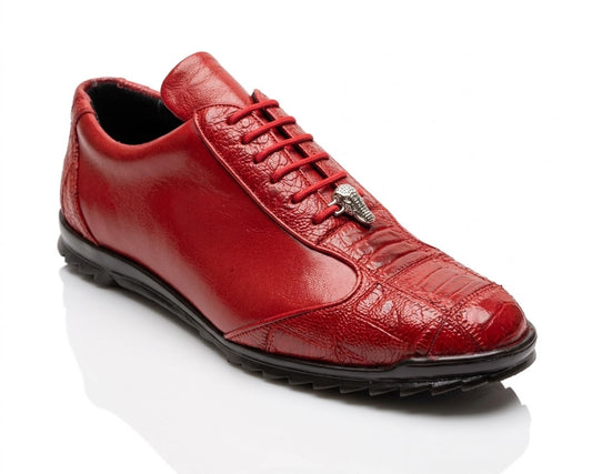 Los Altos ZEUS Red Ostrich Leg (ZC091912) features a uniquely crafted ostrich leg leather shoe, complete with a laced front and adorned with small silver embellishments, all resting on a sleek black rubber sole.
