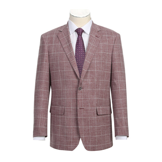On a plain white background, a mannequin showcases the Renoir Alessandro Vitello by Renoir Classic Fit Blazer Wine 294-31, accompanied by a crisp white shirt and an elegant purple polka dot tie.