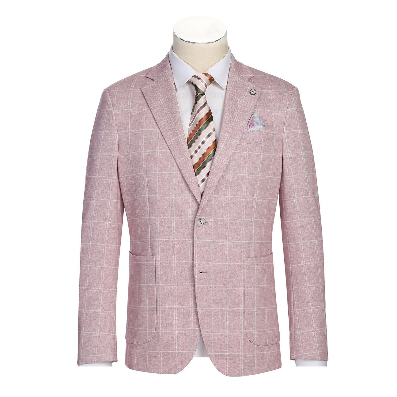The Pellagio Pink Men's Slim Fit Riserva Jacket PS26-8 features notch lapels, two buttons, front pockets, and a matching pocket square. Shown on a mannequin with a white shirt and striped tie. Brand: Pellagio.