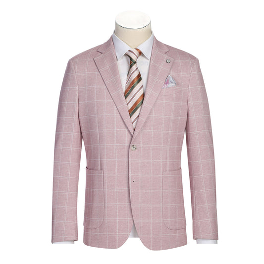 The Pellagio Pink Men's Slim Fit Riserva Jacket PS26-8 features notch lapels, two buttons, front pockets, and a matching pocket square. Shown on a mannequin with a white shirt and striped tie. Brand: Pellagio.