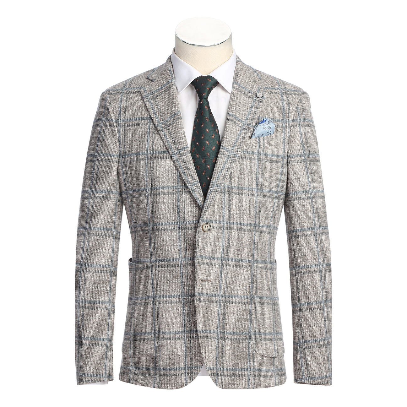 The Pellagio Camel Men's Slim Fit Riserva Jacket PS26-13 is styled on a mannequin with a white shirt, green patterned tie, and blue pocket square for a refined slim fit look.