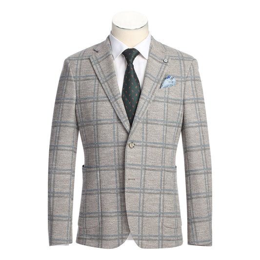 The Pellagio Camel Men's Slim Fit Riserva Jacket PS26-13 is styled on a mannequin with a white shirt, green patterned tie, and blue pocket square for a refined slim fit look.
