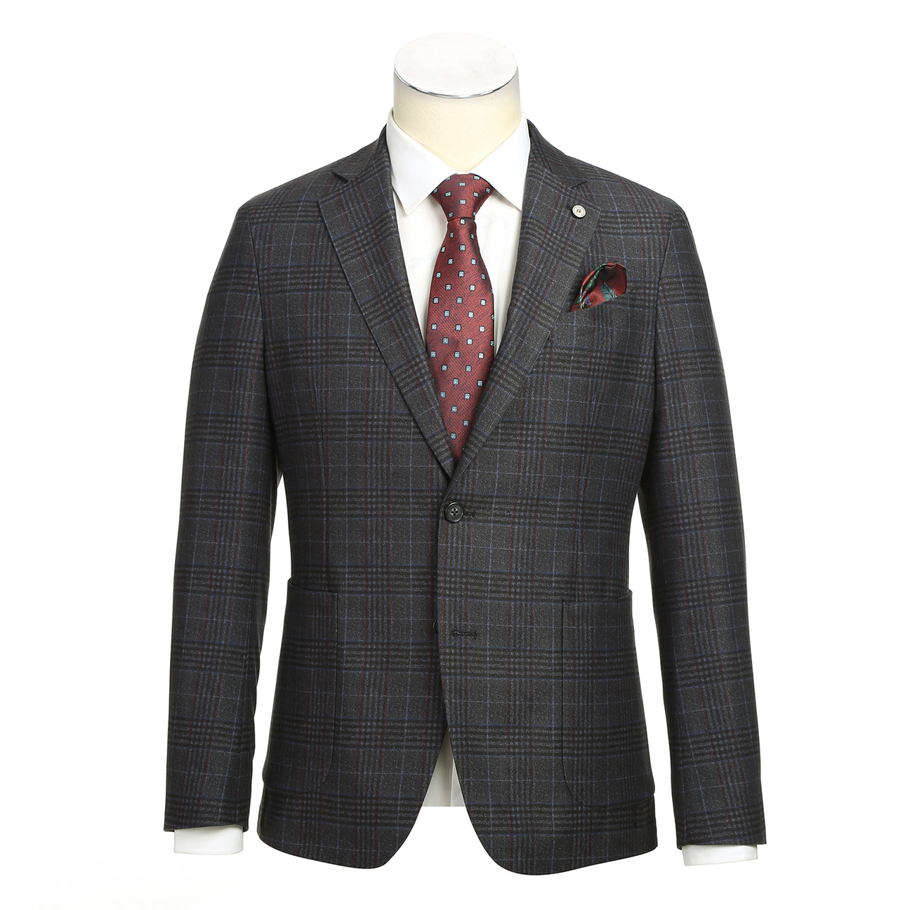 A mannequin features the Pellagio Blue Black Men's Half Canvas Blazer PF24-12, styled with a white shirt, red polka dot tie, and matching pocket square.