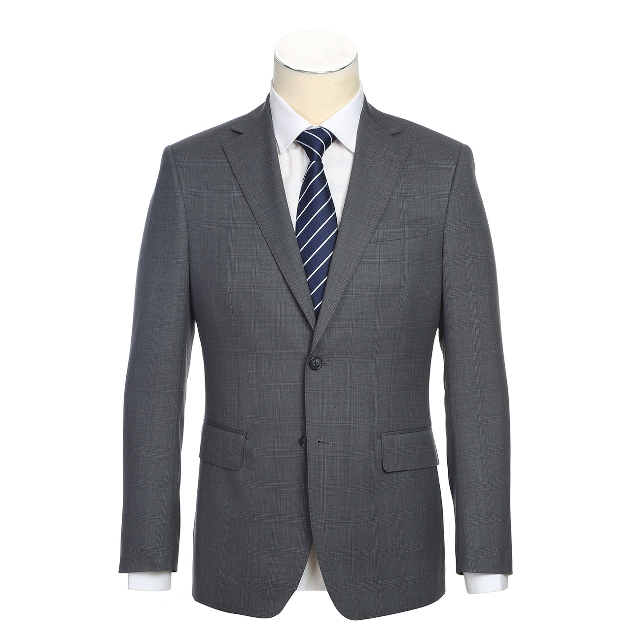The English Laundry Grey Wool Suit EL92-58-095 features a slim fit, notch lapels, two buttons, and flap pockets. Crafted from 90% wool, it's displayed over a white dress shirt and navy striped tie on a mannequin.