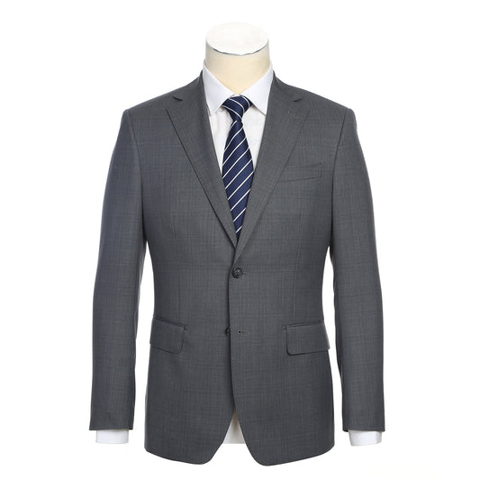 The English Laundry Grey Wool Suit EL92-58-095 features a slim fit, notch lapels, two buttons, and flap pockets. Crafted from 90% wool, it's displayed over a white dress shirt and navy striped tie on a mannequin.