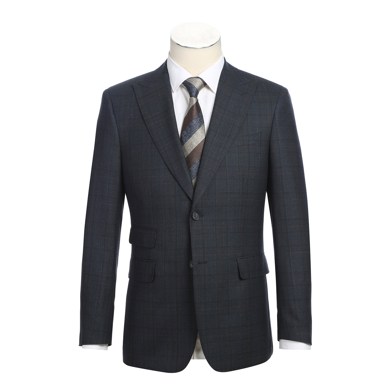The ENGLISH LAUNDRY Dark Navy Check Suit EL12-56-475 by English Laundry is displayed on a mannequin with notched lapels, a white shirt, and striped tie—a sharp, modern two-button suit perfect for any occasion.