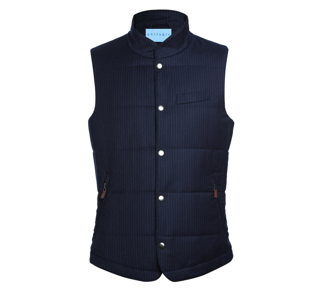 Pellagio Men's Navy Stripes Winter Puffer Wool Vest PF21-13, featuring snap buttons, zippered side pockets, and a chest pocket, is displayed on a plain white background.