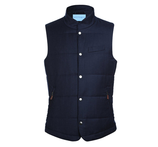 Pellagio Men's Navy Stripes Winter Puffer Wool Vest PF21-13, featuring snap buttons, zippered side pockets, and a chest pocket, is displayed on a plain white background.