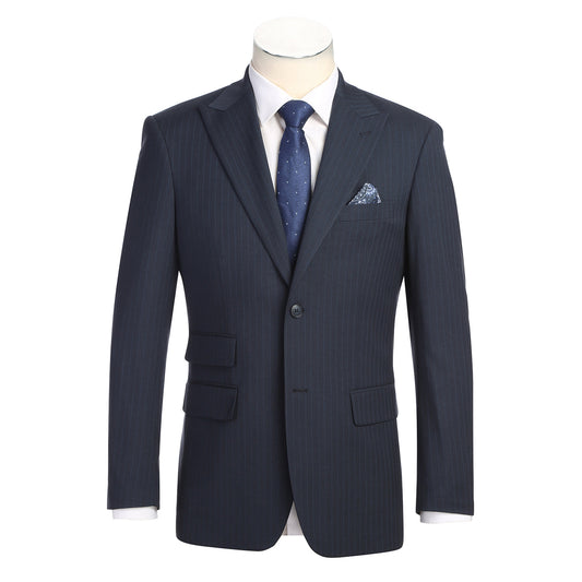 The Alessandro Vitello by Renoir Classic Fit Navy Suit 293-58 is displayed on a mannequin, paired with a white dress shirt, blue patterned tie, and matching pocket square. The suit features navy pinstripes in a polyester-rayon-spandex blend.