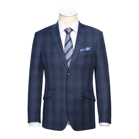 The Alessandro Vitello by Renoir Slim Fit Sport Coat 565-4 in blue plaid wool with a notch lapel is paired with a white dress shirt, striped tie, and pocket square on a mannequin.