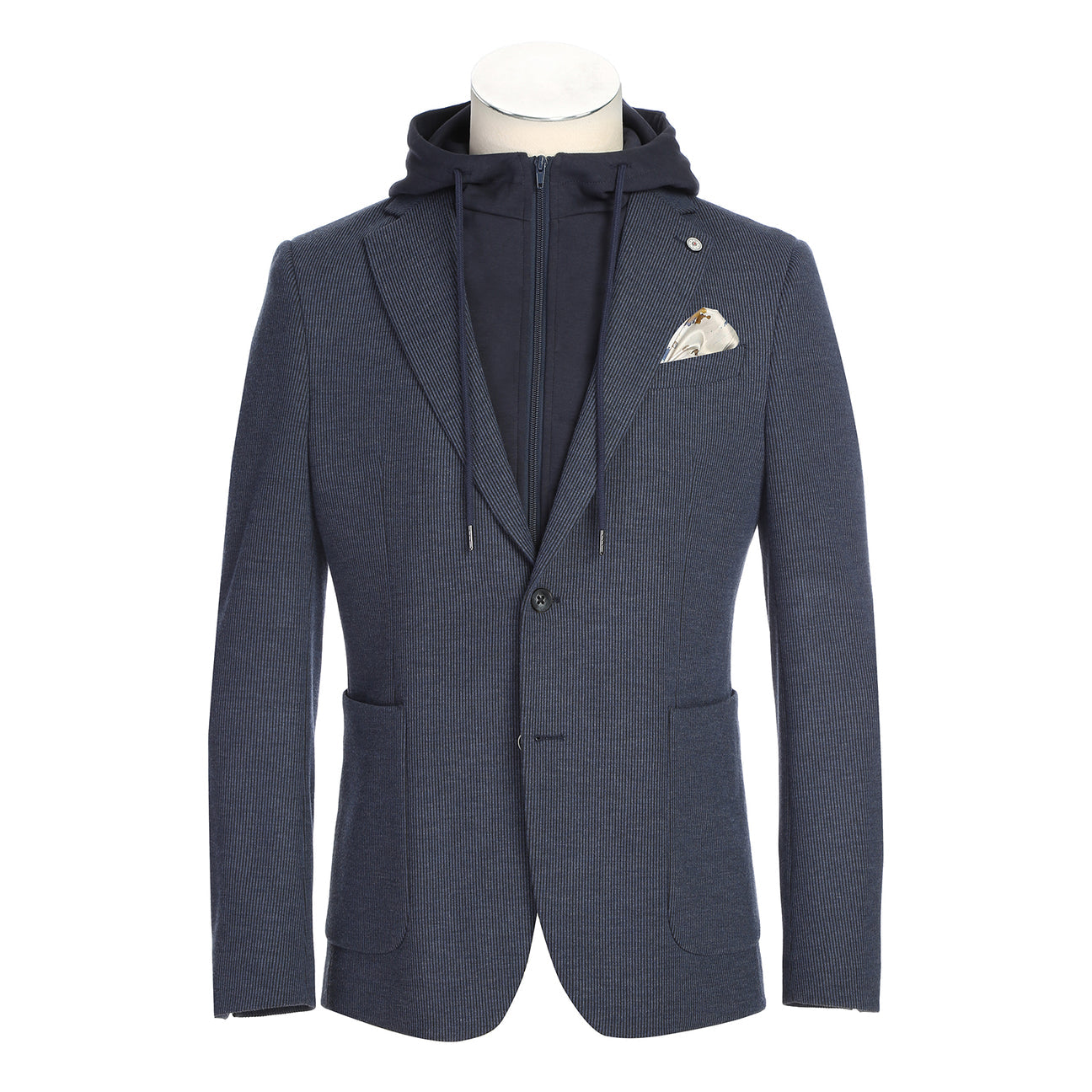 Pellagio Men's Slim Fit Riserva Jacket Gray Blue PF25-13, layered over a matching zip-up hoodie, features a white and patterned pocket square in the breast pocket.