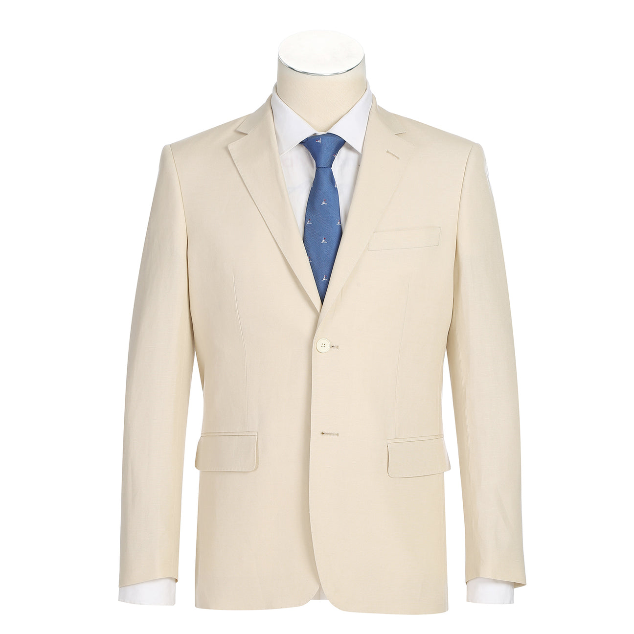 A chic champagne suit jacket from the Alessandro Vitello by Renoir collection, distinguished by a notch lapel and offering a new slim fit, pairs perfectly with a blue tie and crisp white shirt on the mannequin.