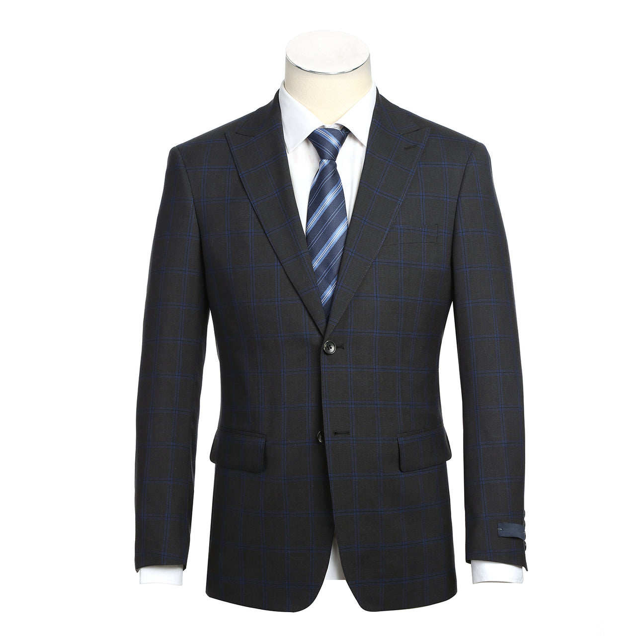 The Alessandro Vitello by Renoir New Slim Fit Wool Dark Gray Suit 566-8 pairs a single-breasted plaid jacket with a white shirt and blue striped tie, displayed on a headless mannequin against a plain background.