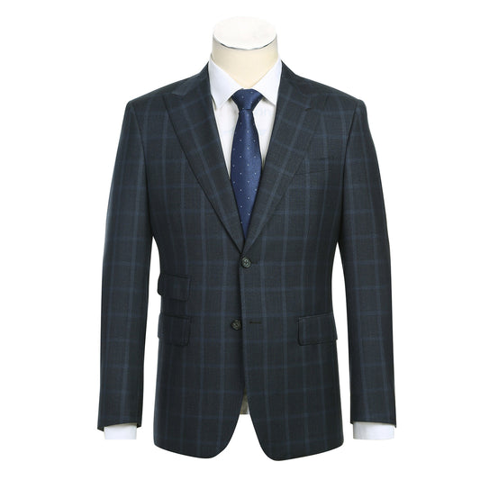 The ENGLISH LAUNDRY Wool Suit EL92-51-093, a navy checked slim-fit jacket with notched lapels by English Laundry, is styled on a mannequin with a white dress shirt and navy blue tie.