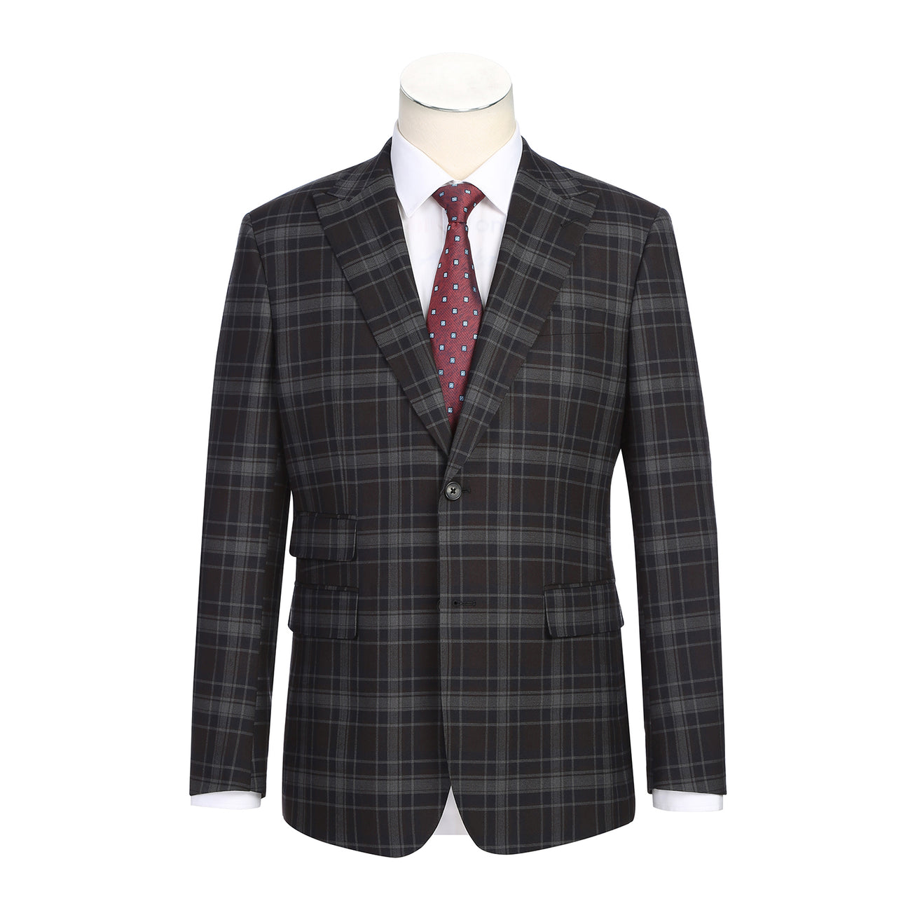 The ENGLISH LAUNDRY Burgundy Check Suit 22-62-555EL by English Laundry is shown on a mannequin, matched with a white dress shirt and a red patterned tie.