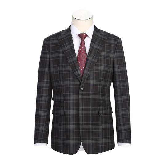 The ENGLISH LAUNDRY Burgundy Check Suit 22-62-555EL by English Laundry is shown on a mannequin, matched with a white dress shirt and a red patterned tie.