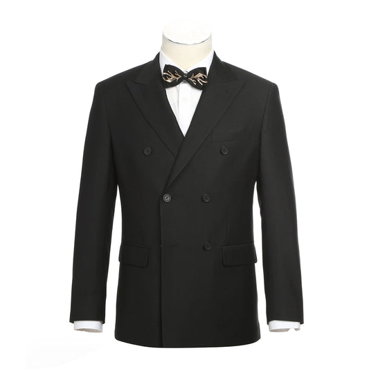 The Alessandro Vitello by Renoir Double-Breasted Peak Lapel Slim Fit Black Suit 201-1 is showcased with a white dress shirt and patterned bow tie—a sophisticated Renoir two-piece ideal for formal events.