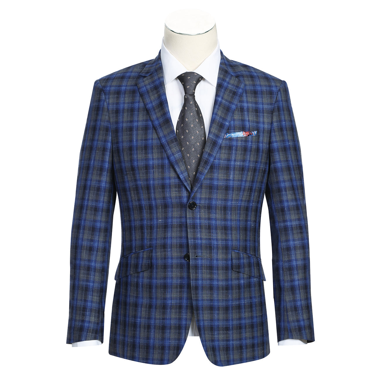 The Alessandro Vitello by Renoir Slim Fit Wool Blend Checked Blazer Blue 563-1 is displayed on a mannequin, highlighting its plaid pattern and notch lapel. Styled with a white shirt and dotted tie, it elegantly showcases the blazer’s slim fit design.