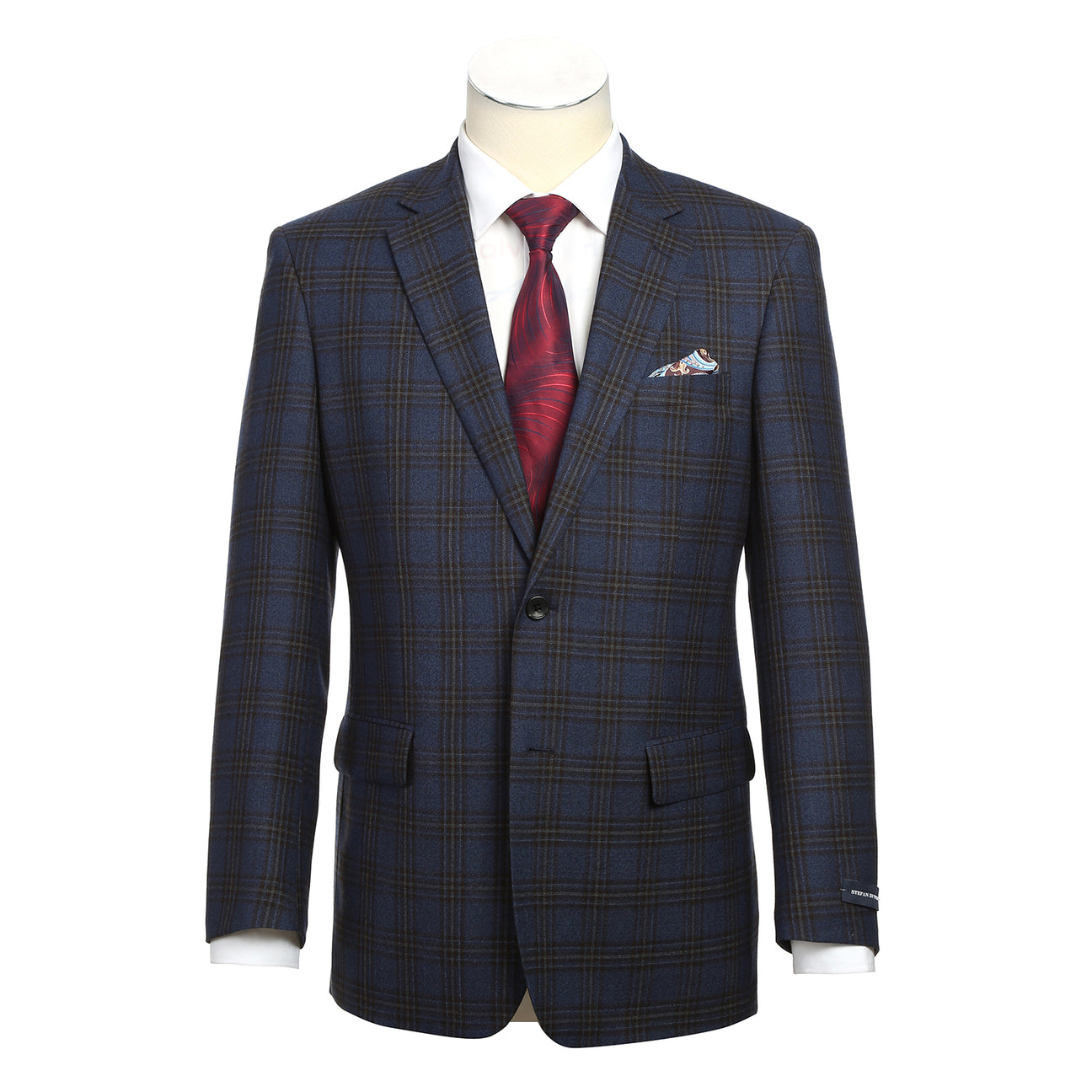 The Alessandro Vitello ALESSANDRO VITELLO Classic Fit Wool Blue Black Blazer 565-10 features a dark blue plaid design with notch lapel, styled with a white shirt, red patterned tie, and pocket square on a mannequin against a plain white background.